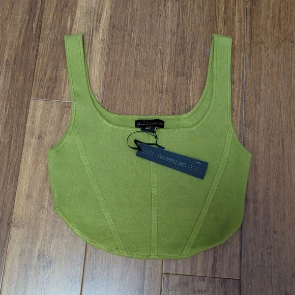 House of Harlow 1960 Luxe Essentials Olive Green Ribbed Crop Corset Top - Picture 4 of 8
